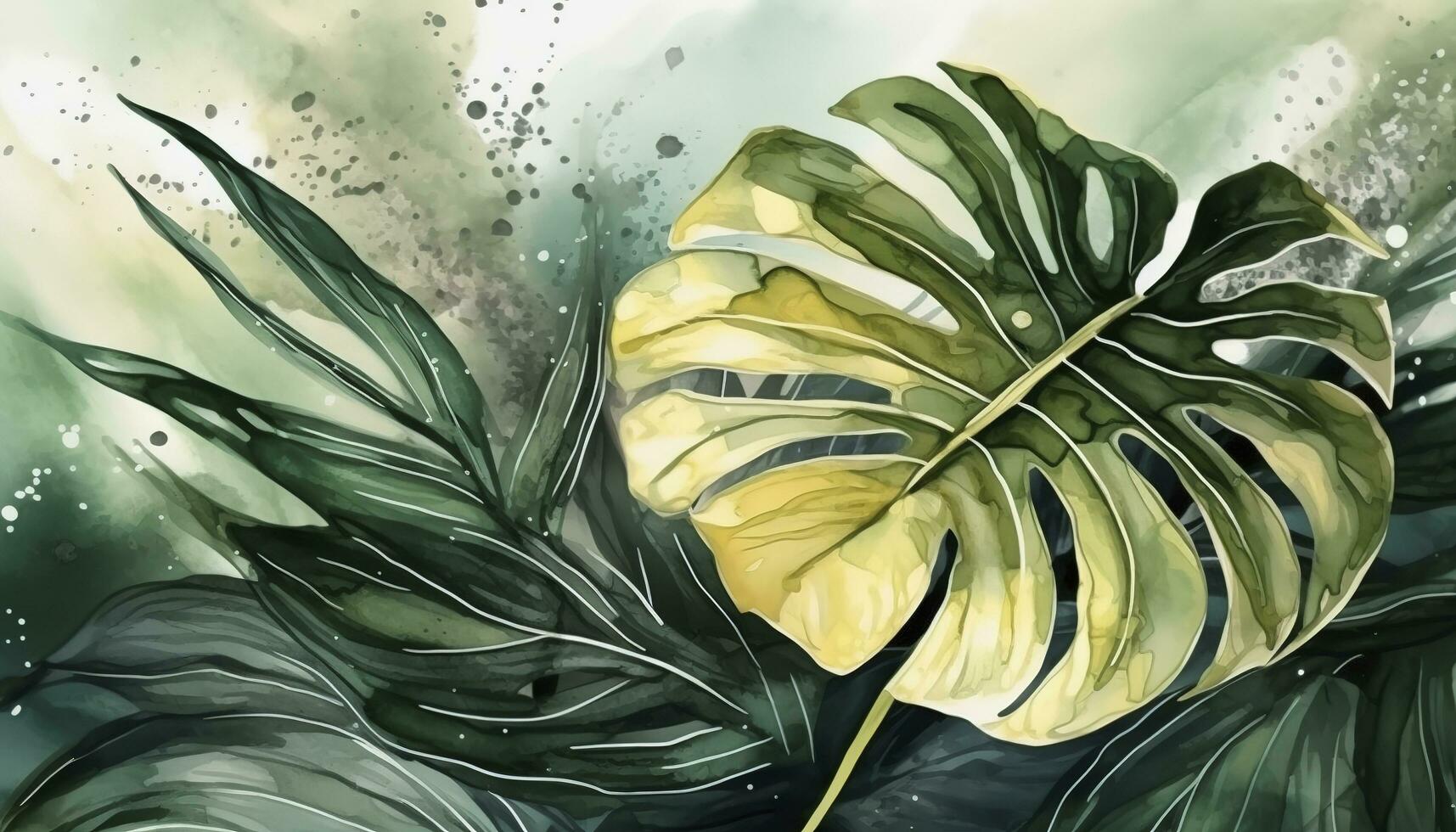 Tropical foliage watercolor background vector. Summer botanical design with gold line art, monstera leaf, green watercolor texture. Luxury tropical illustration for banner , generate ai photo