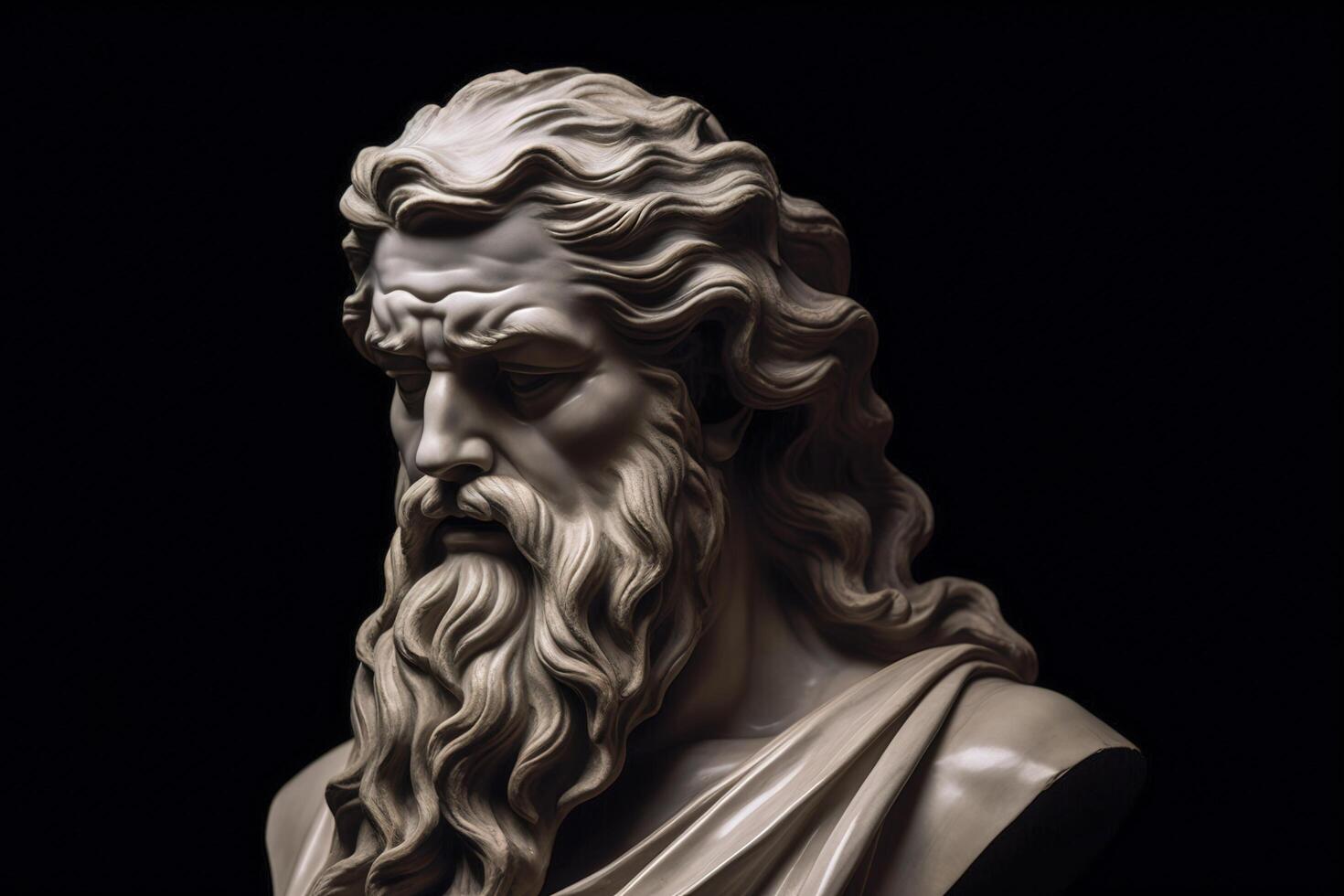 Head of greek god sculpture, statue of a man with long beard on dark background. image. photo