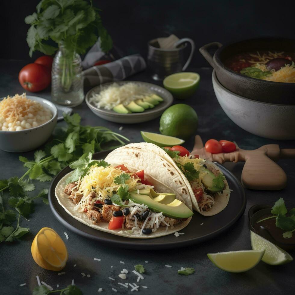 mexicano comida esquina borde, De arriba hacia abajo ver terminado un oscuro bandera antecedentes. tacos, Quesadilla, burritos y nachos Copiar espacio, generar ai foto