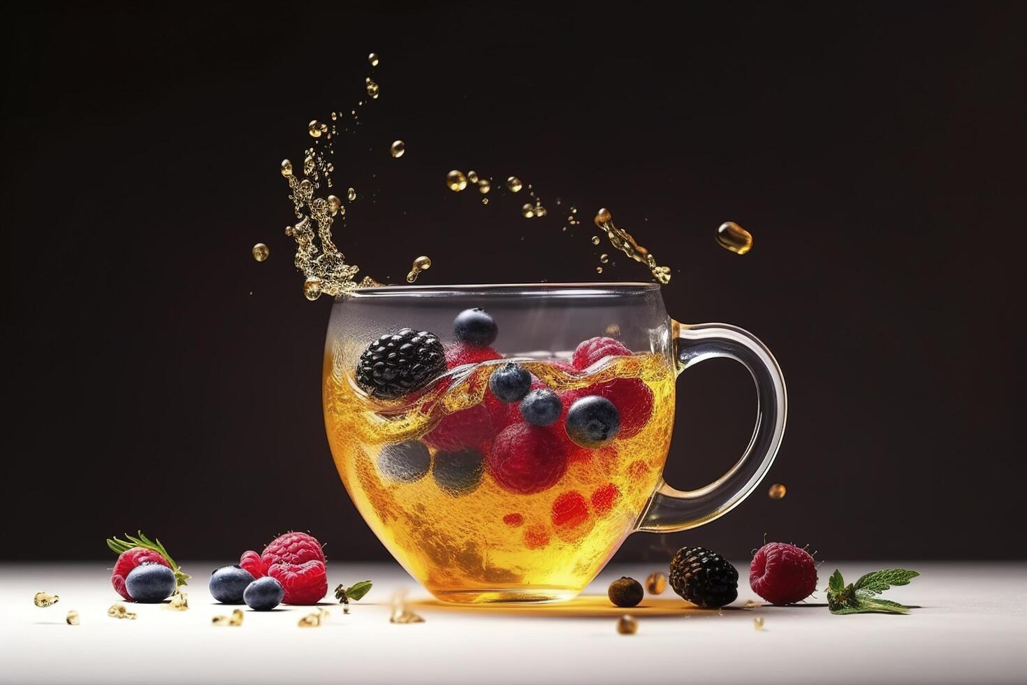Magic tea concept, levitating effect. Flying ingredients for herbal tea with honey and berries. Tea in transparent glass tea cup, levitation. image photo