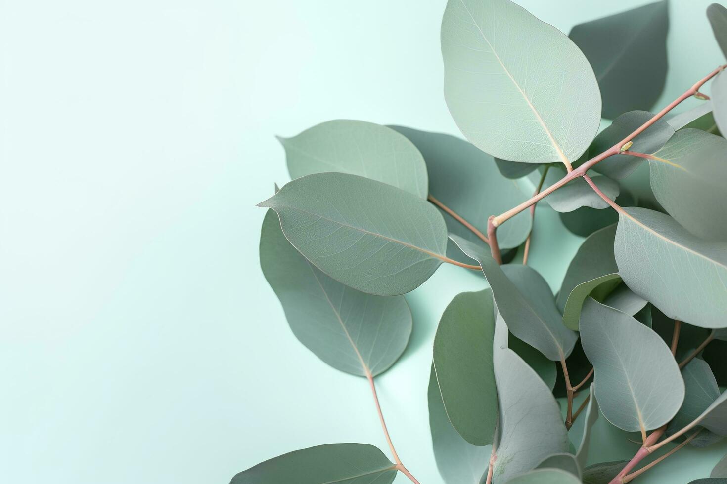 Natural eucalyptus leaves on mint pastel green background. Flat lay floral composition, top view, copy space, generate ai photo