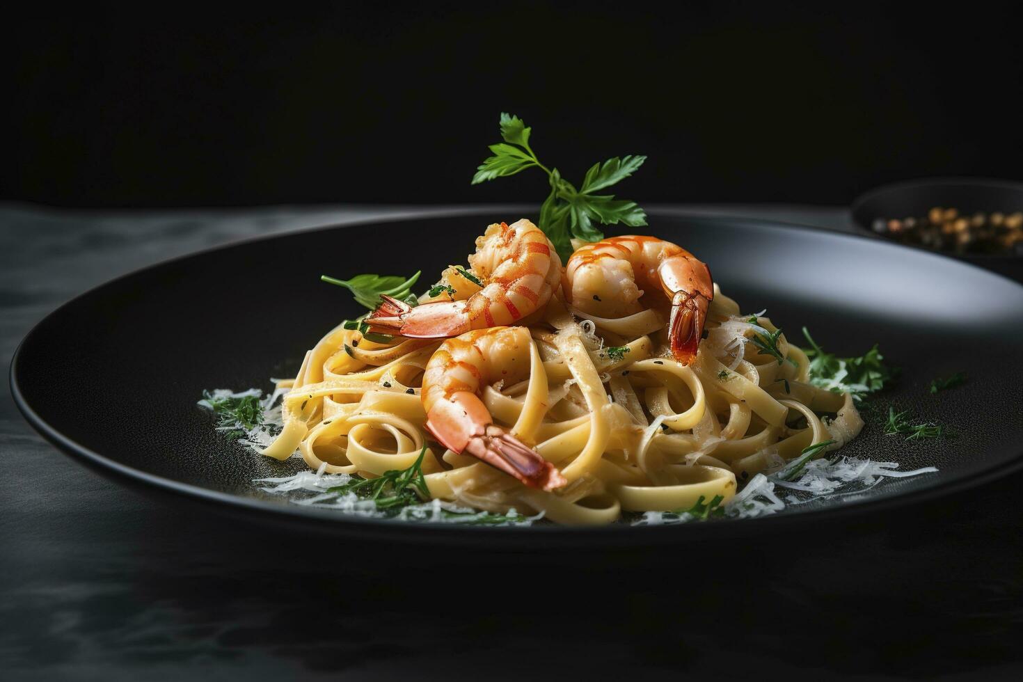 Traditional Italian tagliatelle ai gamberoni pasta with king prawns and herbs served as close-up on a design plate with copy space, generate ai photo