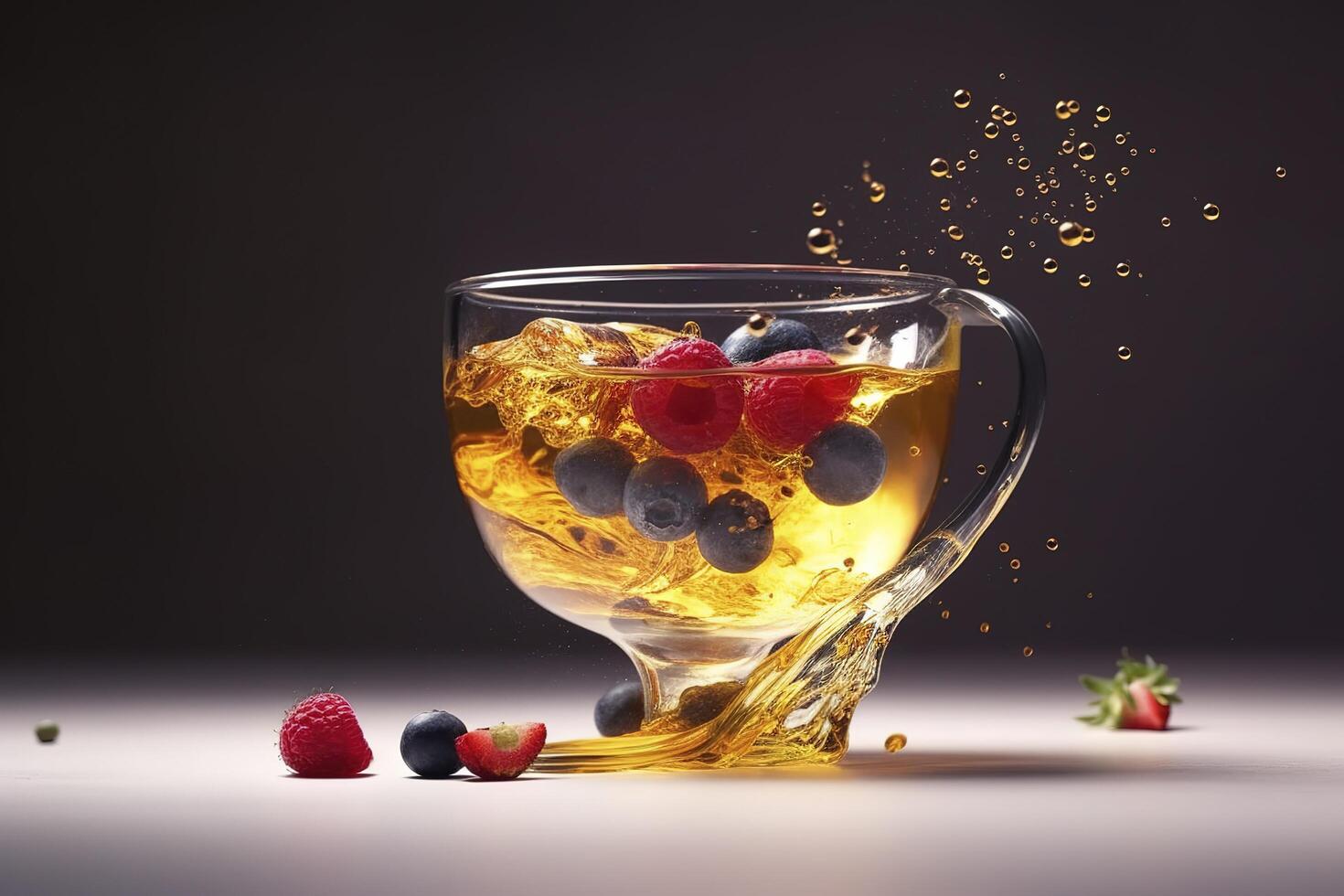 Magic tea concept, levitating effect. Flying ingredients for herbal tea with honey and berries. Tea in transparent glass tea cup, levitation. image photo