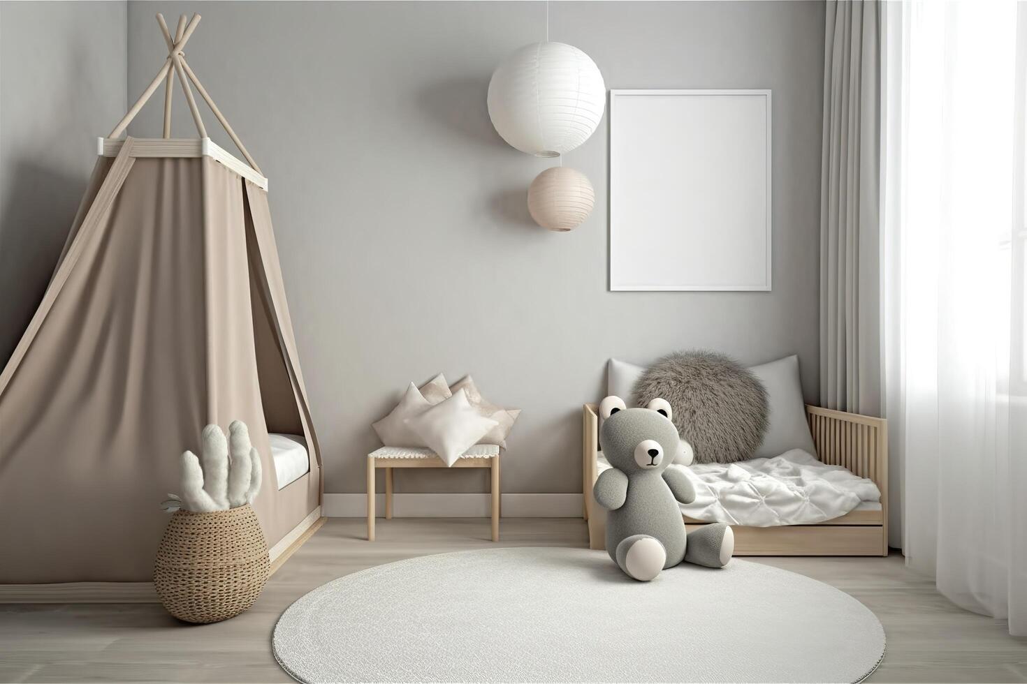 Modern minimalist nursery room in scandinavian style. Baby room interior in light colours, image photo