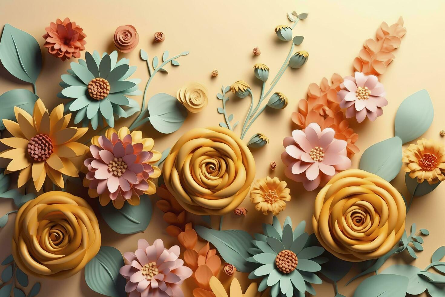 3d floral craft wallpaper. orange, rose, green and yellow flowers in light background. for kids room wall decor, generate ai photo