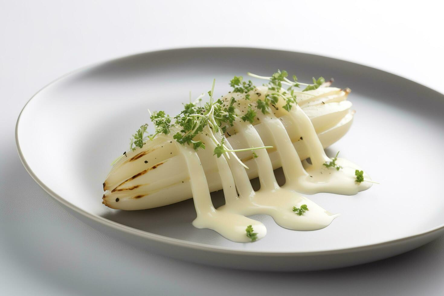 Modern Style Traditional Steamed White Asparagus with Cured Ham and Hollandaise Sauce Served as Top View on a Nordic Design Plate with Copy Space, generate ai photo