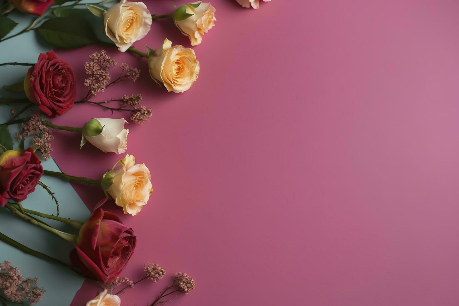 Roses Flower Arrangement, Copy Space, Flat Lay , generate ai photo