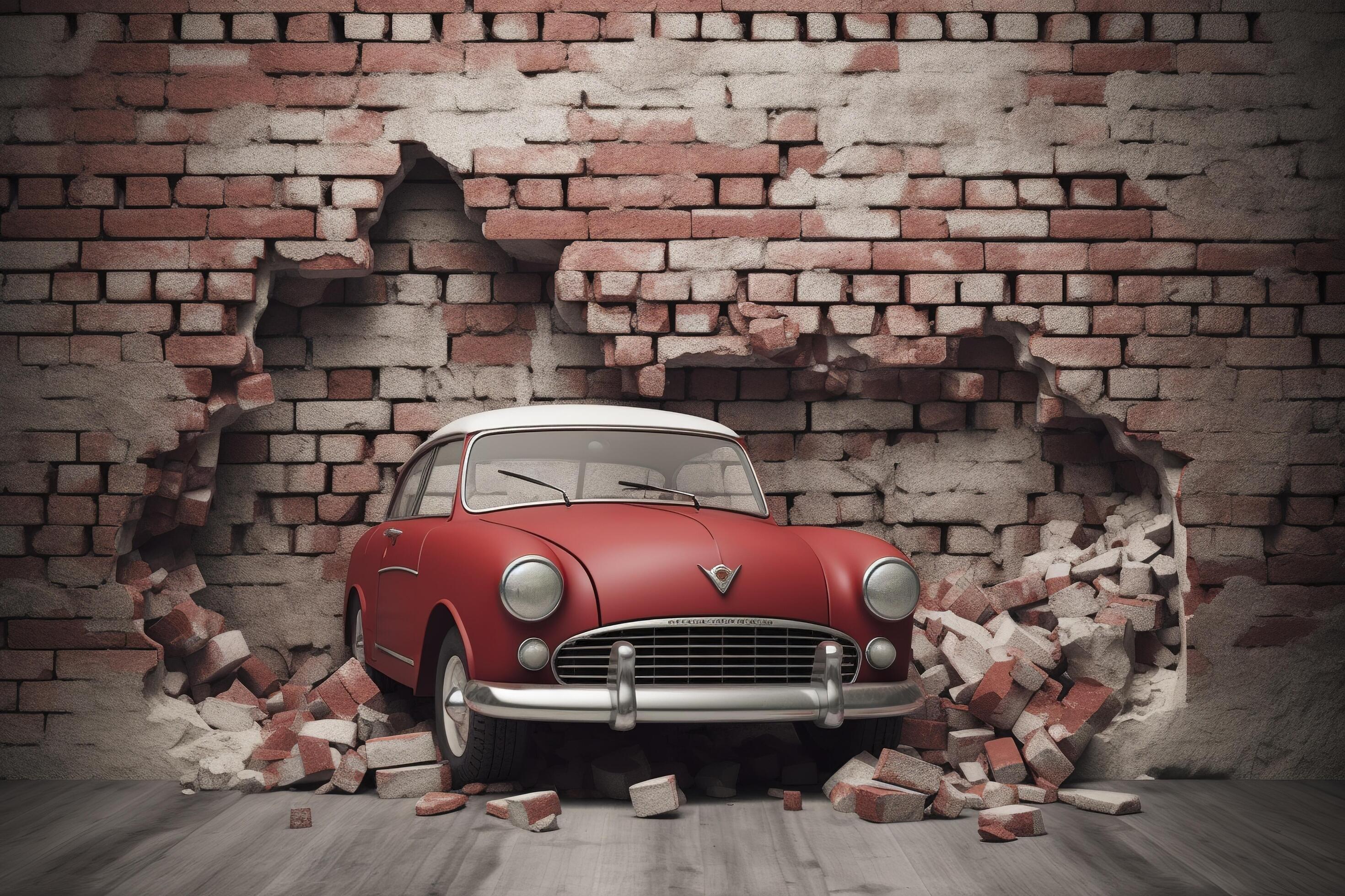 3d mural wallpaper broken wall bricks and a classic red car. world map