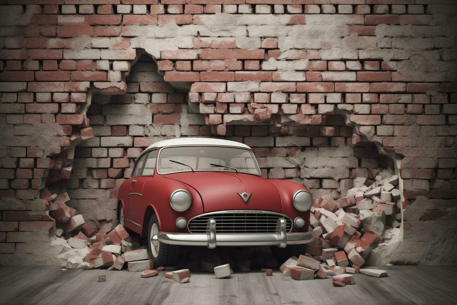 3d mural fondo de pantalla roto pared ladrillos y un clásico rojo coche. mundo mapa en un de colores antecedentes. para para niños y niños cama habitación fondo de pantalla, generar ai foto