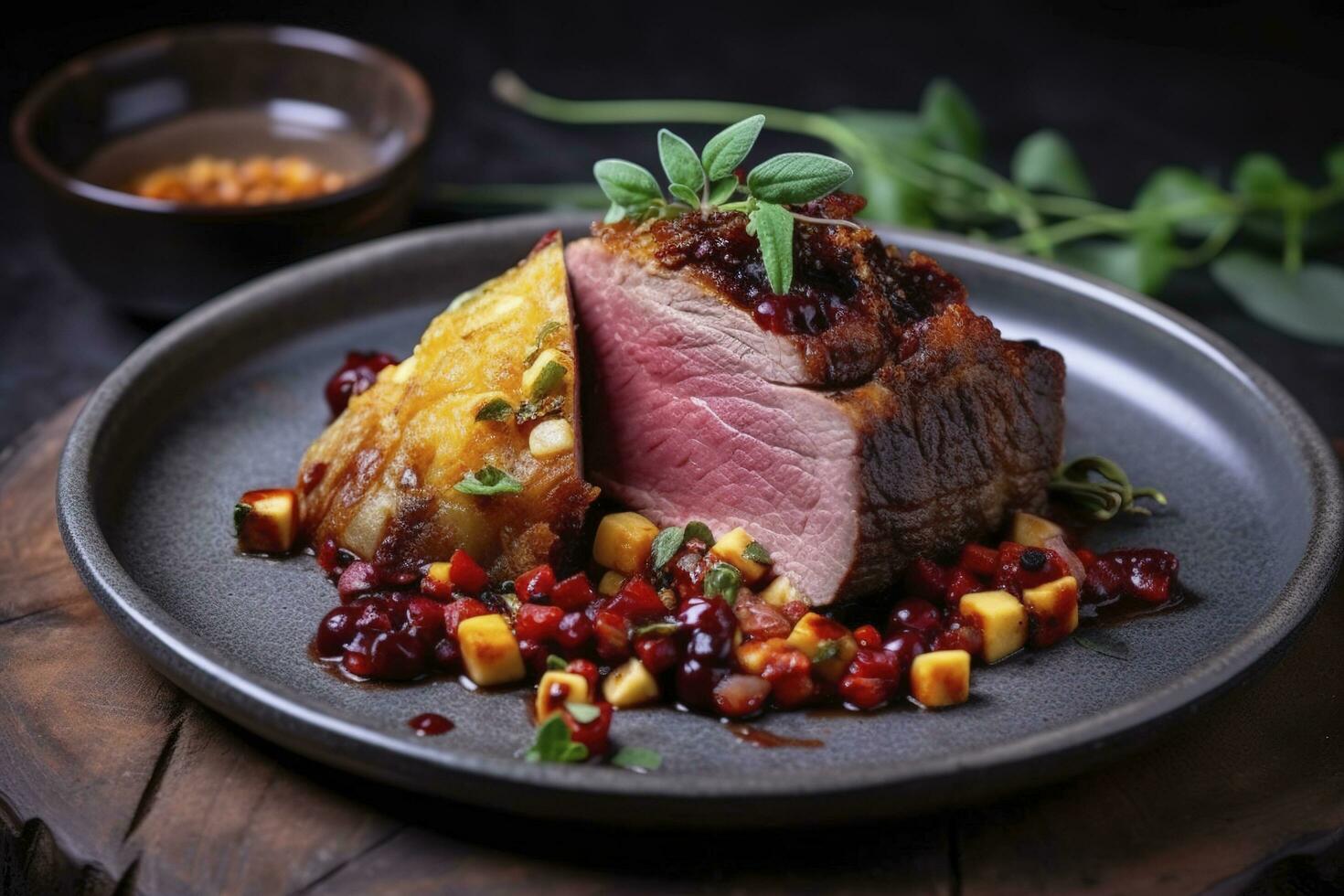 Traditional roasted Italian panettone tagliata di manzo with sliced beef steak and vegetables served close-up on a Nordic design plate, generate ai photo