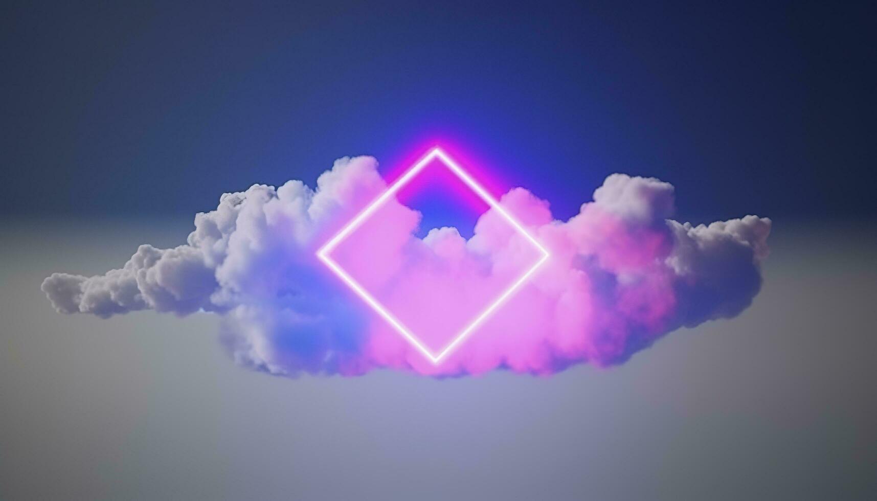 3d render, abstract minimal background with pink blue yellow neon light square frame with copy space, illuminated stormy clouds, glowing geometric shape, generate ai photo