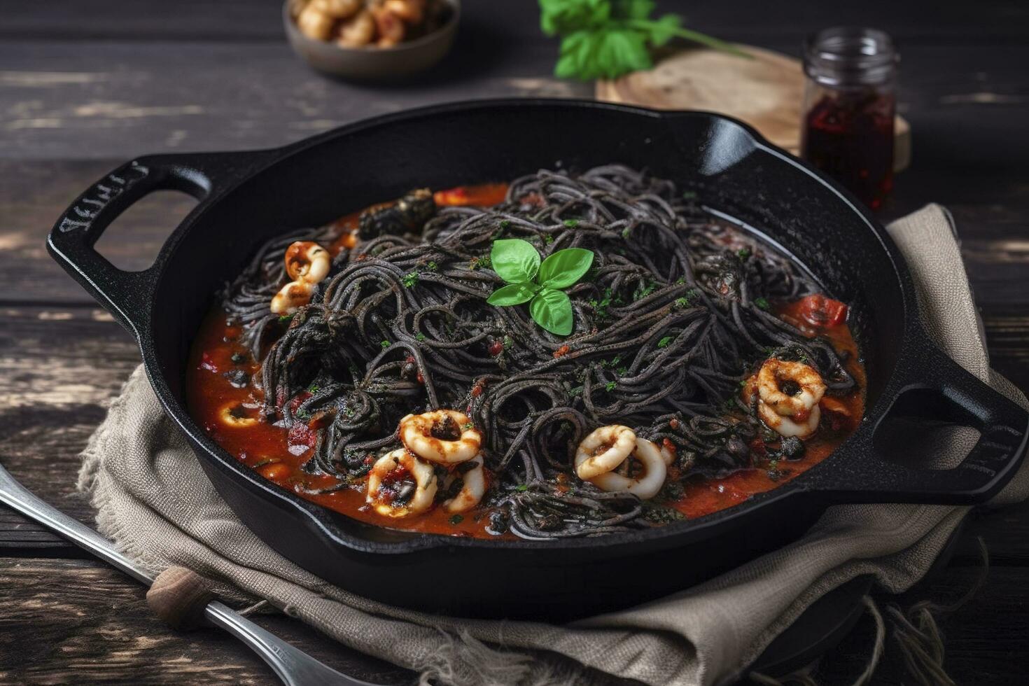 Traditional Italian spaghetti al nero di seppia with squid ink in tomato sauce served as close-up in a cast-iron pan on a wooden board, generate ai photo