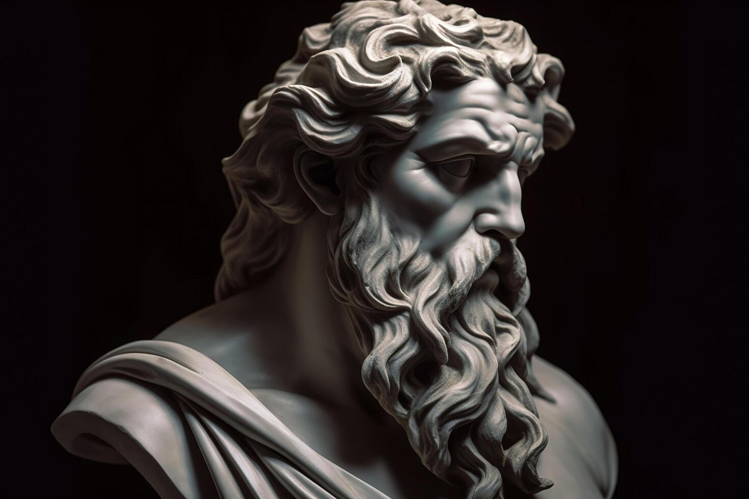 Head of greek god sculpture, statue of a man with long beard on dark background. image. photo