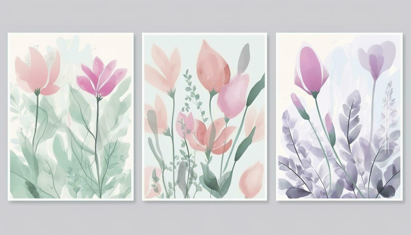 Abstract floral cover background vector. Set of spring plant hand drawn template with flowers, leaves, and wildflowers. Colorful watercolor texture design for wallpaper, banners, prints, generate ai photo