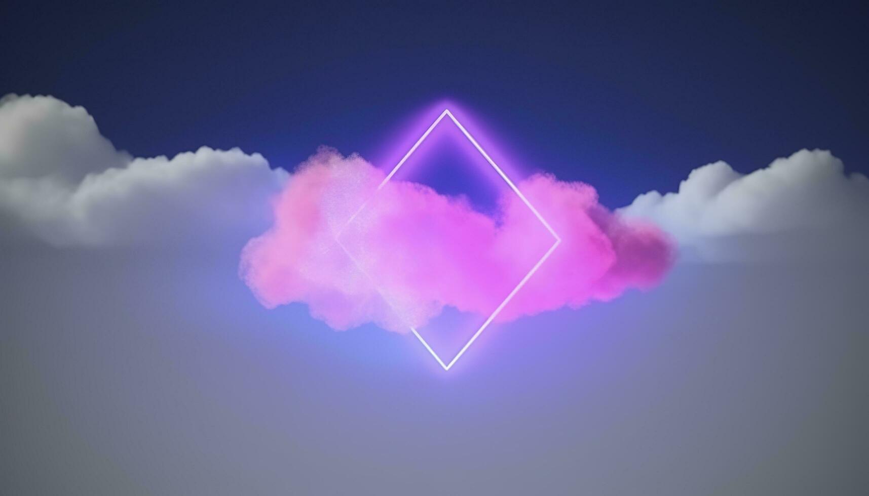 3d render, abstract minimal background with pink blue yellow neon light square frame with copy space, illuminated stormy clouds, glowing geometric shape, generate ai photo