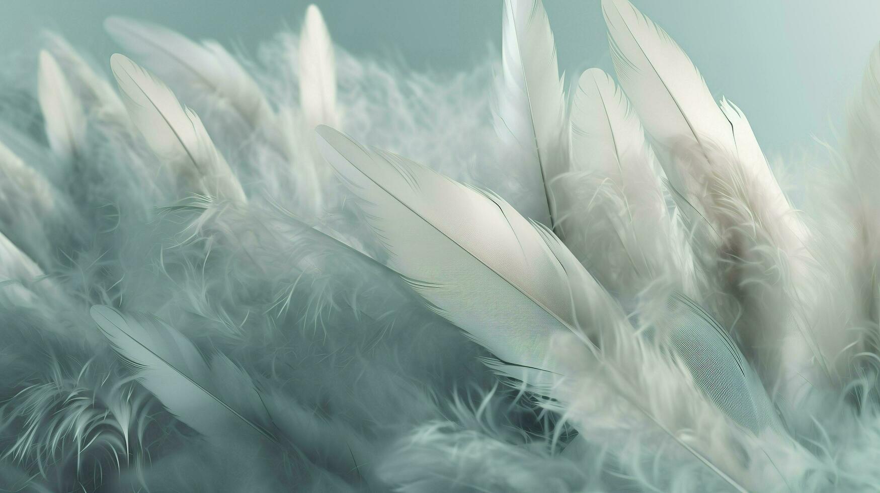 un brillante azul antecedentes con uno blanco pluma, en el estilo de suave y soñador pasteles, resplandeciente ligero efectos, naturaleza inspirado imágenes, cuento de hadas, suave focal puntos, generar ai foto
