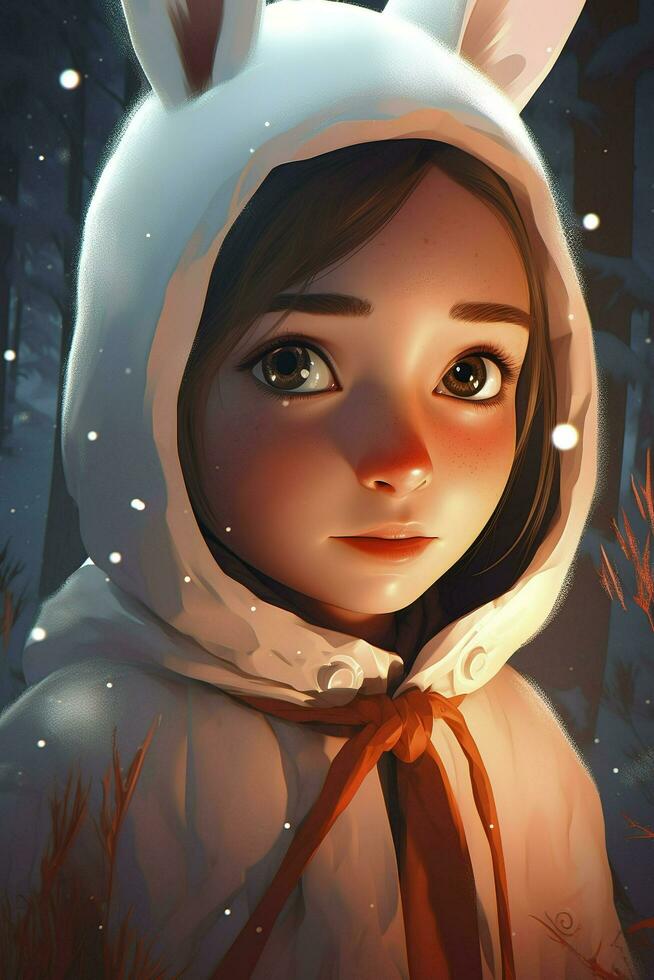 Hyper-detailed portrait illustration in the style of Disney Pixar and Ilya Kuvshinov, in a magical glowing winter forest, chibi rabbit, sparkling white fur, generate ai photo
