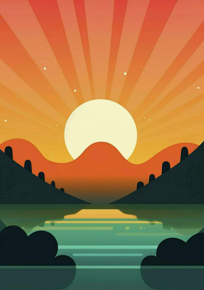 Vintage sun retro background. Trendy with bright colours perfect for poster, wallpaper, banner and backdrop, sunrise with sun beams, generate ai photo