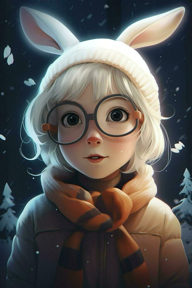 Hyper-detailed portrait illustration in the style of Disney Pixar and Ilya Kuvshinov, in a magical glowing winter forest, chibi rabbit, sparkling white fur, generate ai photo