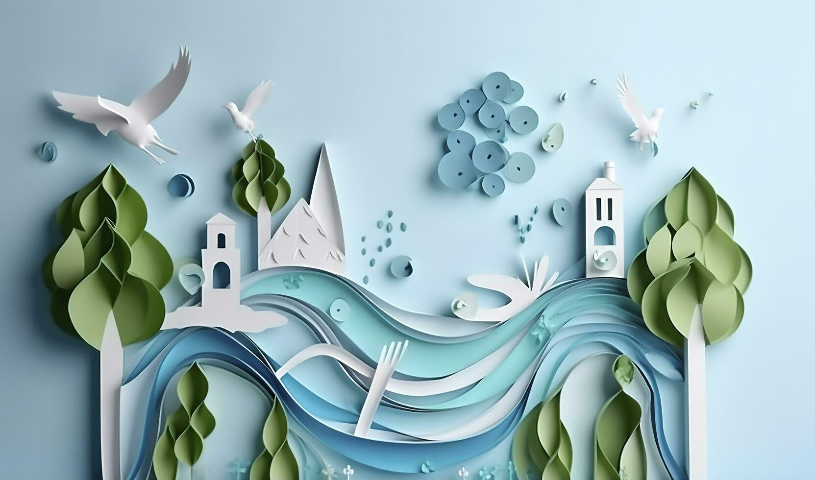 Paper art , Environmental protection and save earth water , Ecology and world water day , Saving water and world Environment day , Generate Ai photo