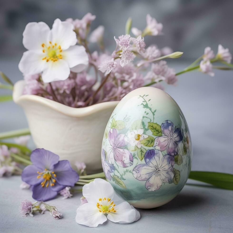 Pink Flower Arrangement, Easter Decoration, Frohe Ostern Means Happy Easter , generate ai photo