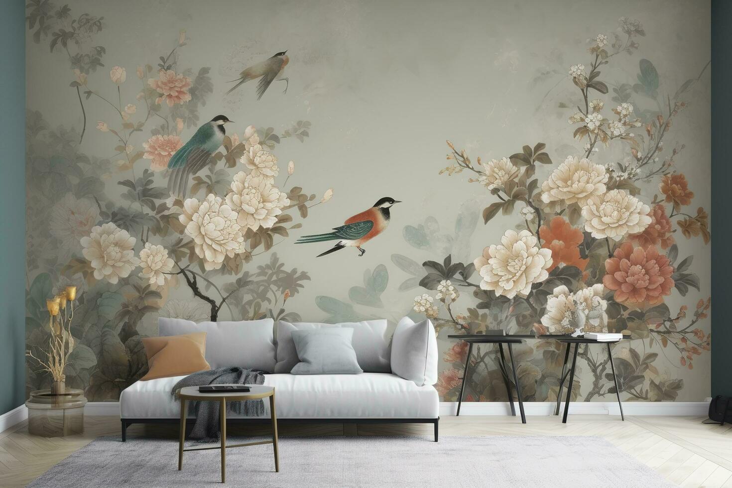 3d floral mural wallpaper with a light simple background. branches of flowers, herbs, birds, and mountains. modern art for wall home decor, generate ai photo