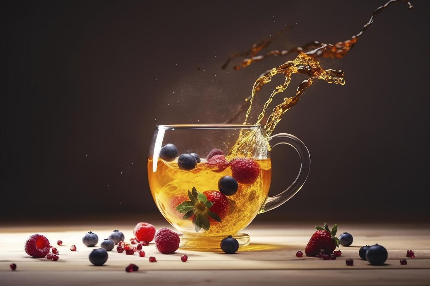 Magic tea concept, levitating effect. Flying ingredients for herbal tea with honey and berries. Tea in transparent glass tea cup, levitation. image photo