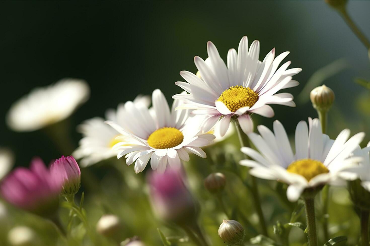 soleado cerca arriba de un pocos margarita flores en flor prado , generar ai foto