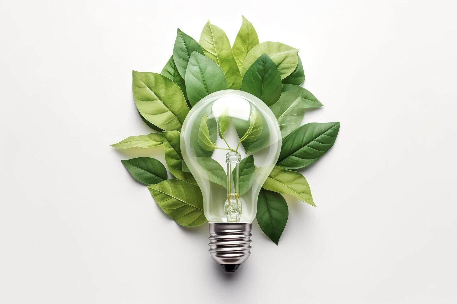 Eco-friendly lightbulb from fresh leaves top view, concept of Renewable Energy and Sustainable Living, created with technology photo