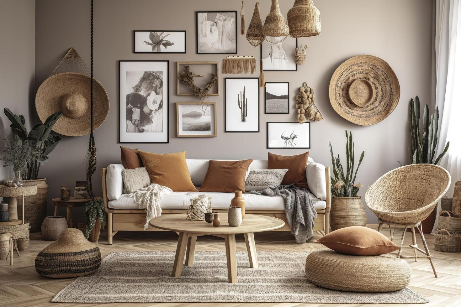 Stylish and modern boho inspired living room with carpet, rattan furniture, pillows, plants, photo wall decoration and personal accessories. Natural home decor, boho room interior, image