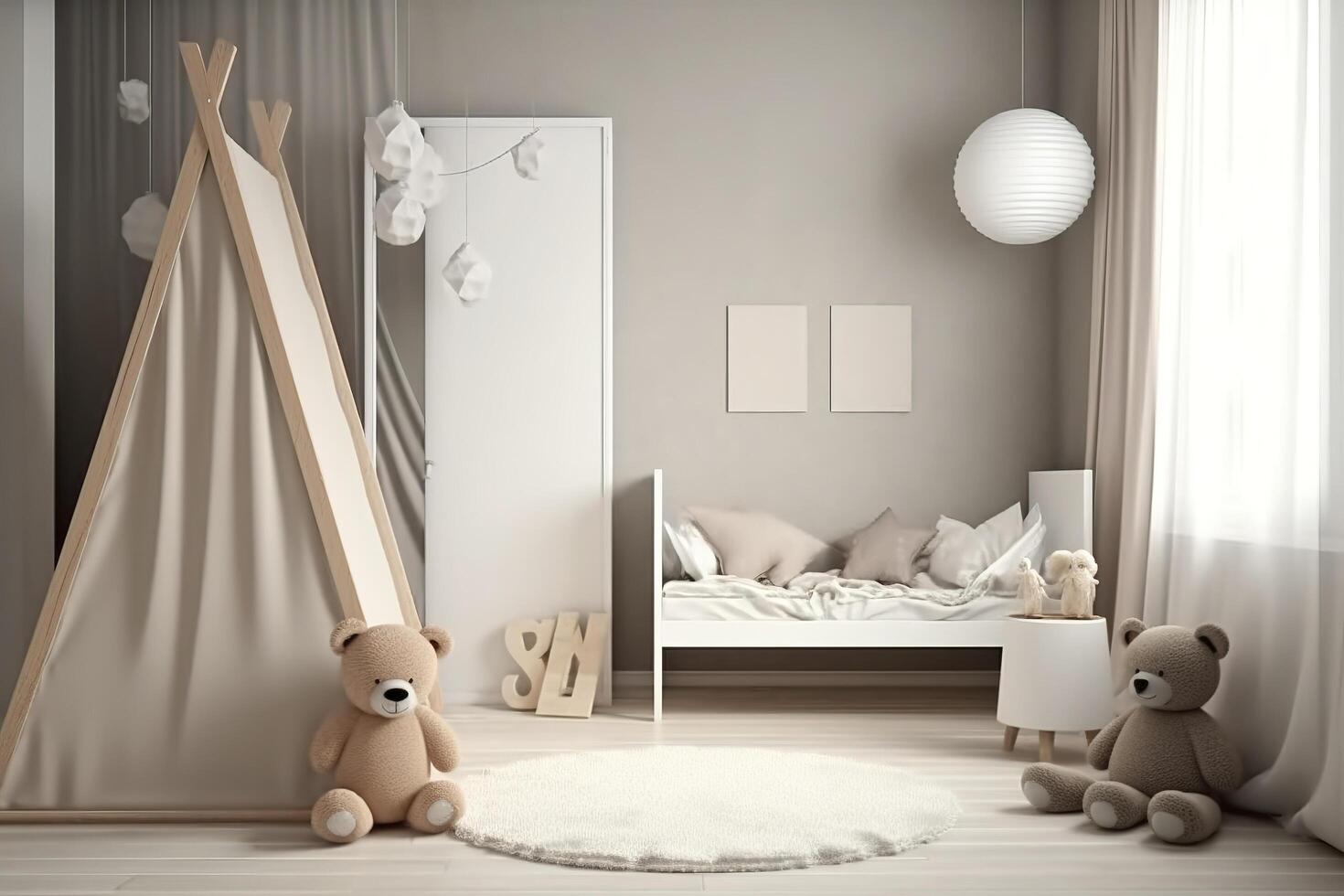 Modern minimalist nursery room in scandinavian style. Baby room interior in light colours, image photo