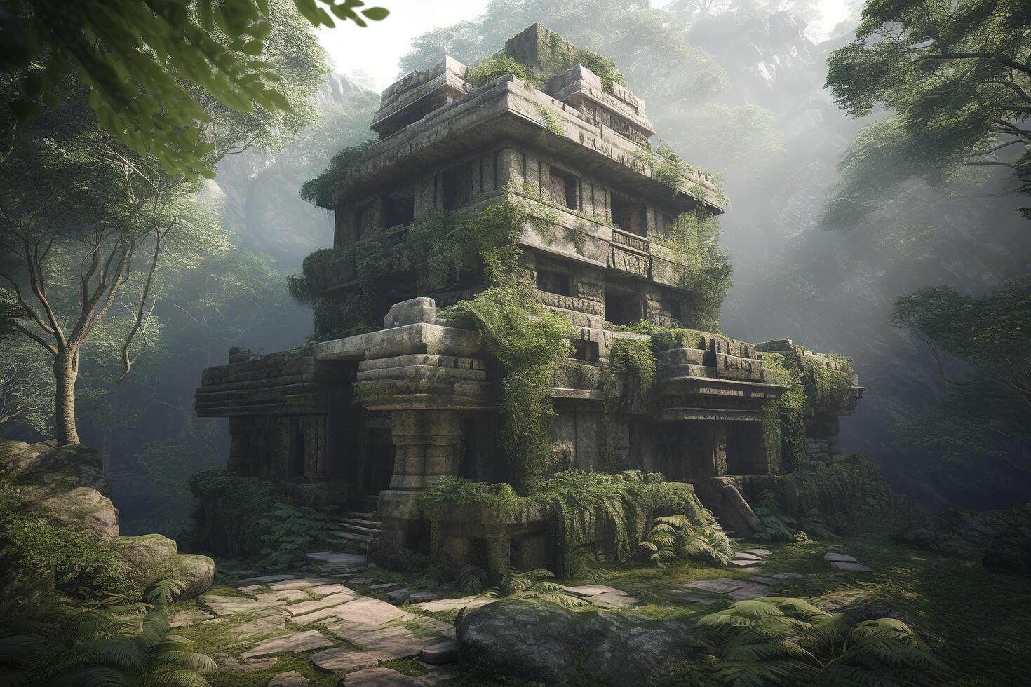 illustration of ancient temple ruins in a jungle photo