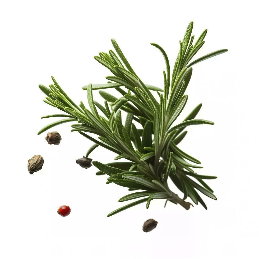 Fresh green organic rosemary leaves and pepper isolated on white background. natural transparent shadow, Ingredient, spice for cooking. collection for design, generate ai photo