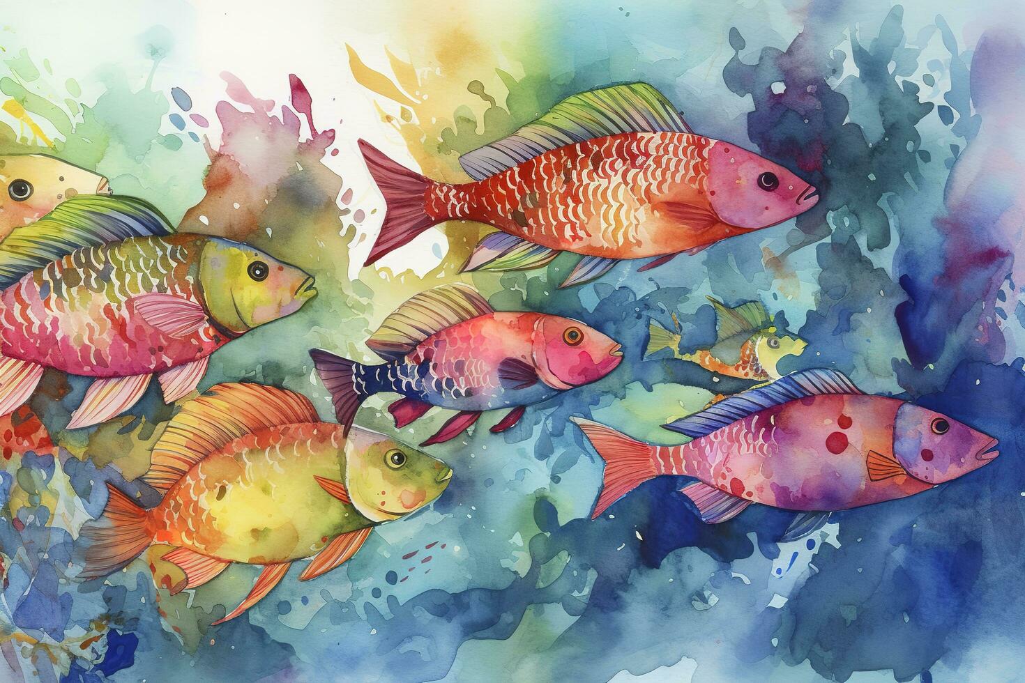 cute tropical fish watercolor hand drawn illustration, generate ai photo