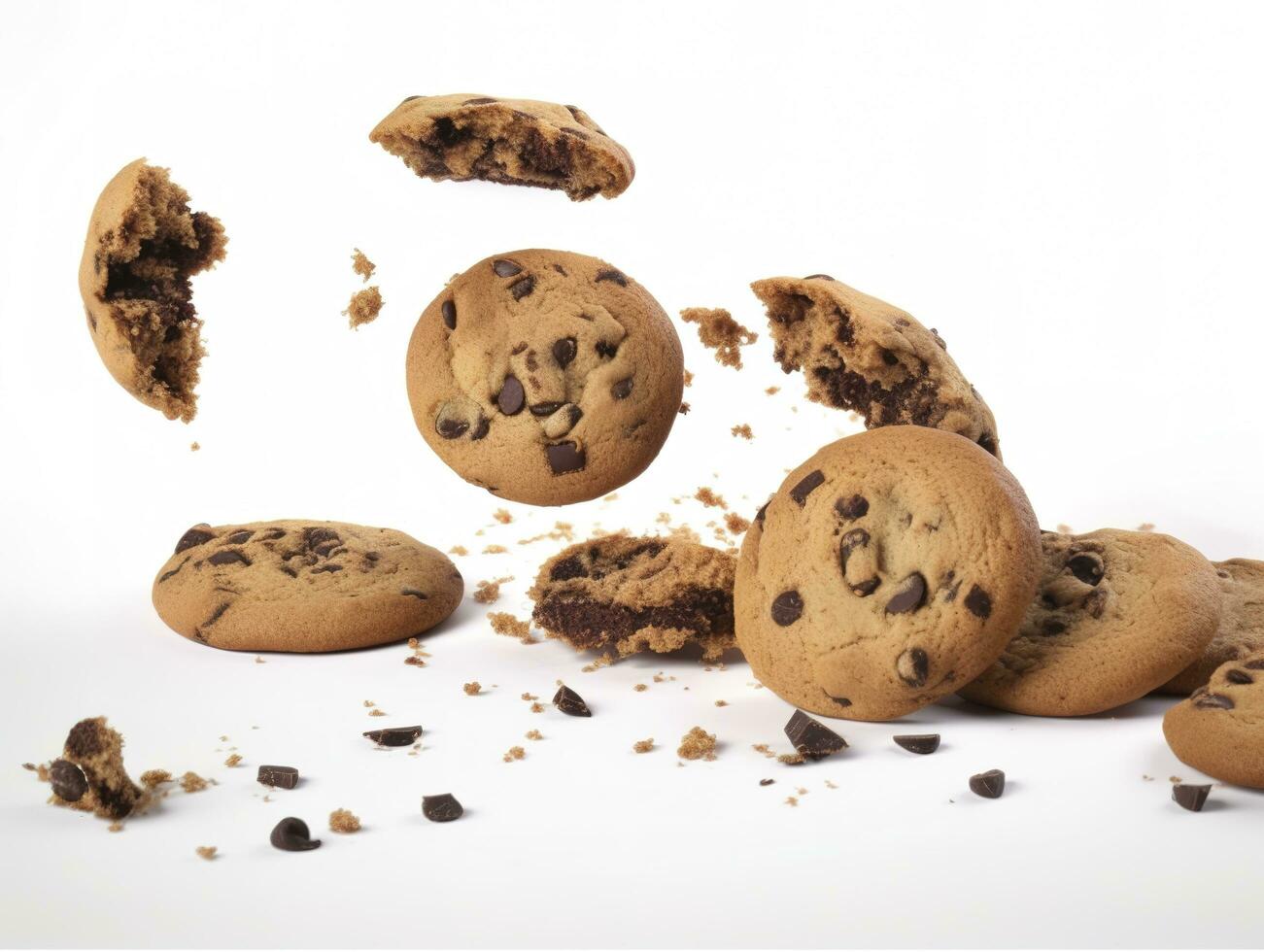 Tasty chocolate chip cookies falling isolated on white background, generate ai photo