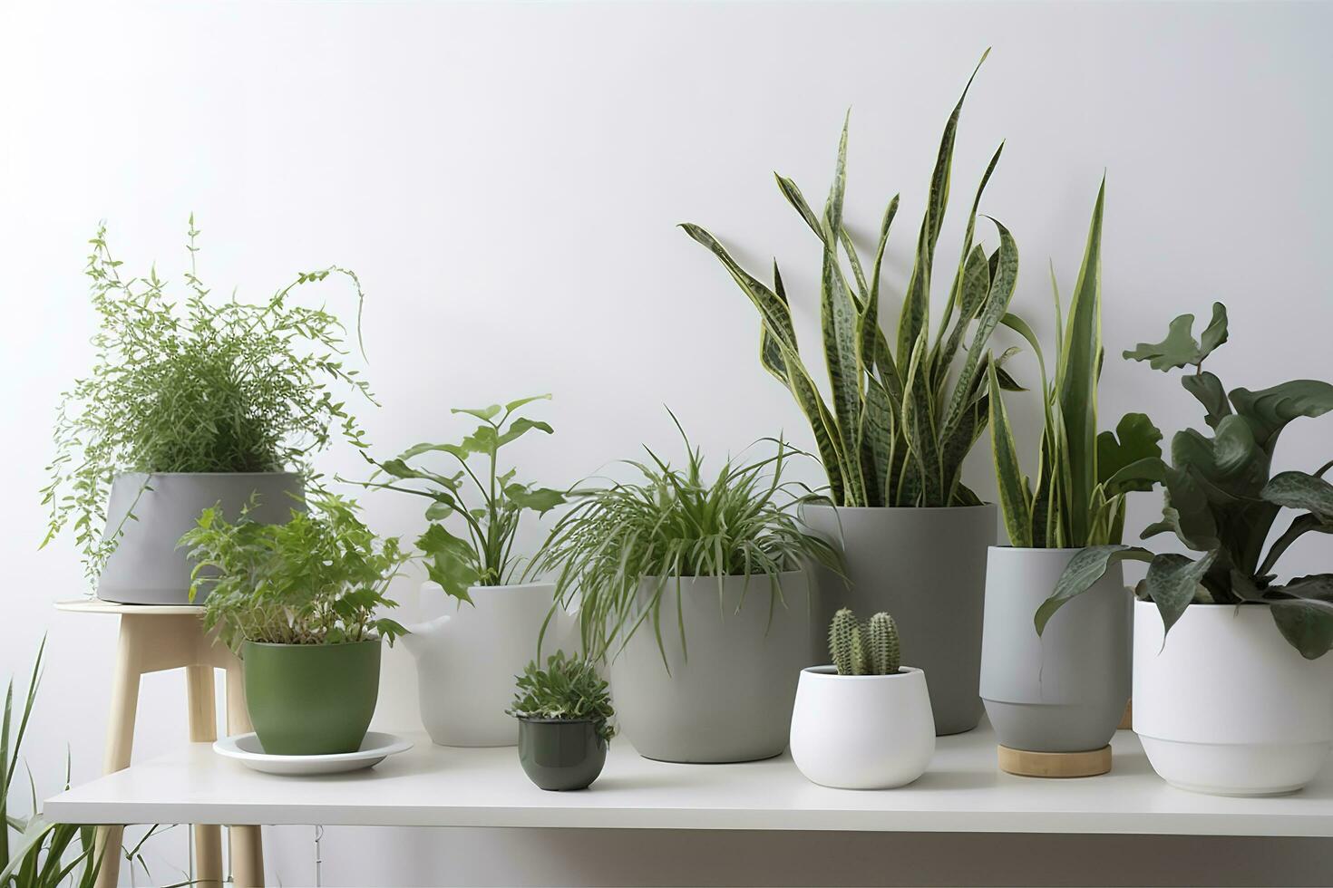 Green houseplants in pots and watering can on wooden table near white wall , generate ai photo