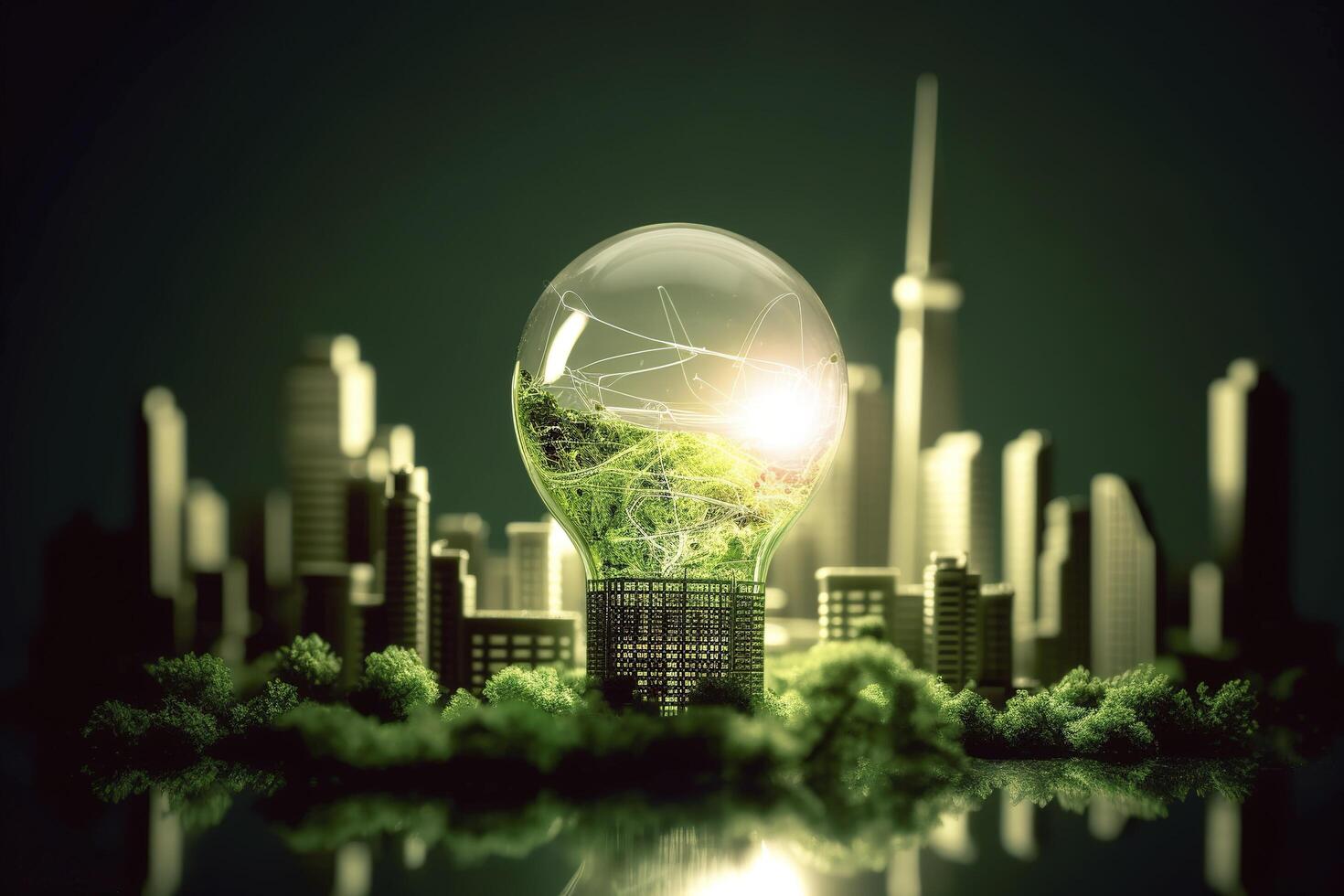 Energy consumption and CO2 gas emissions are increasing light bulbs with green eco city, Renewable energy by 2050 Carbon neutral energy, Save energy creative idea concept, . photo