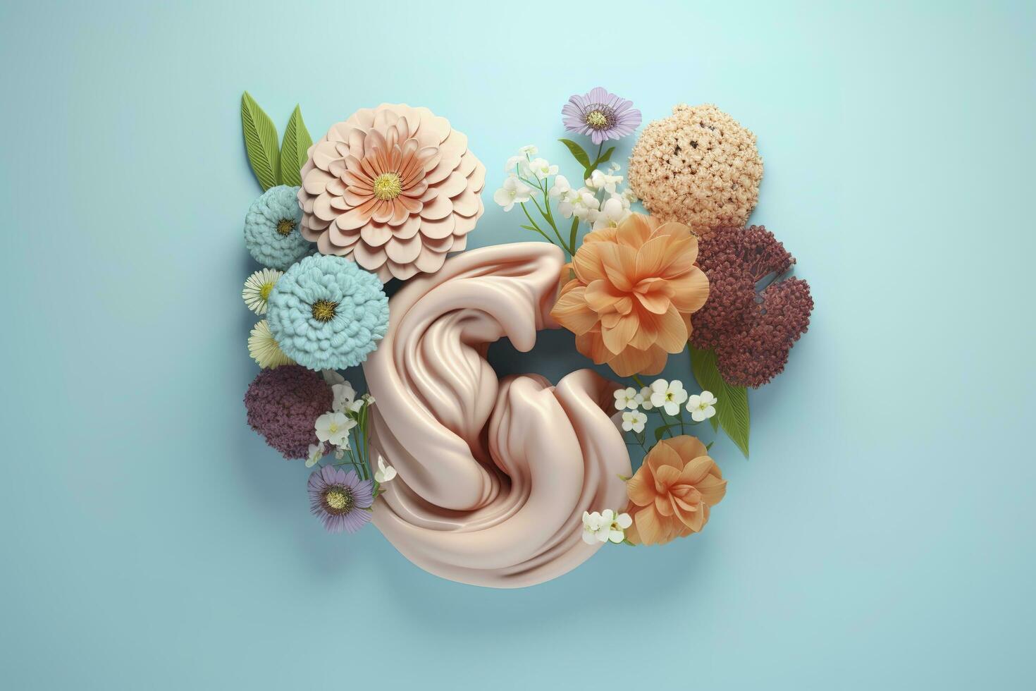 Human Stomach with flowers, pastel colors, on blue background, 3d render and illustration, generate ai photo