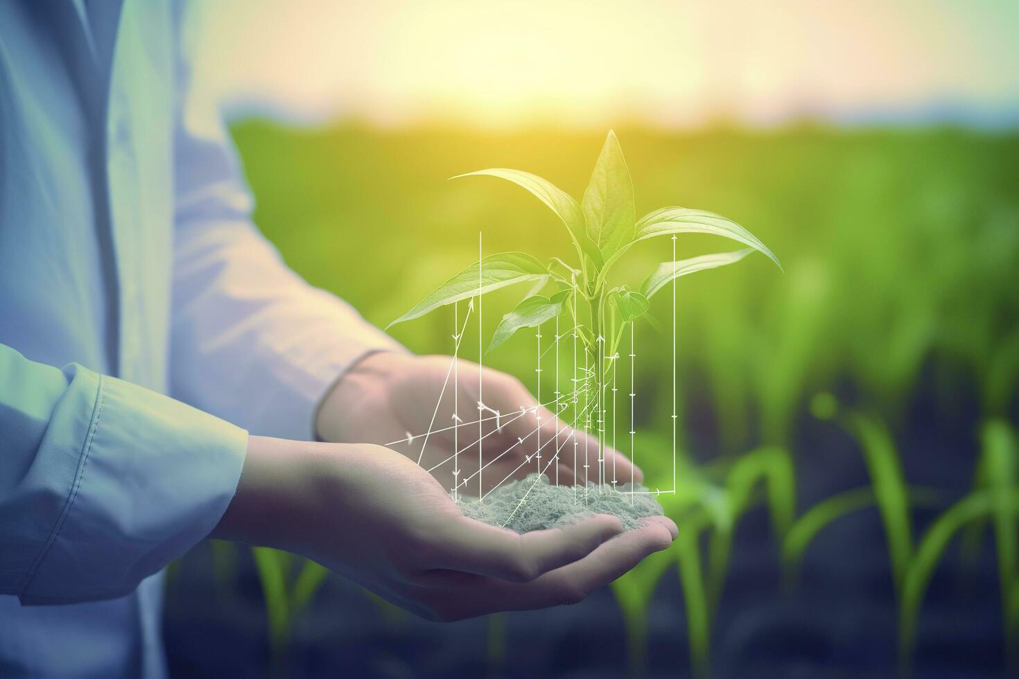 Agricultural technologies for growing plants and scientific research in the field of biology and chemistry of nature. Living green sprout in the hands of a farmer, generate ai photo