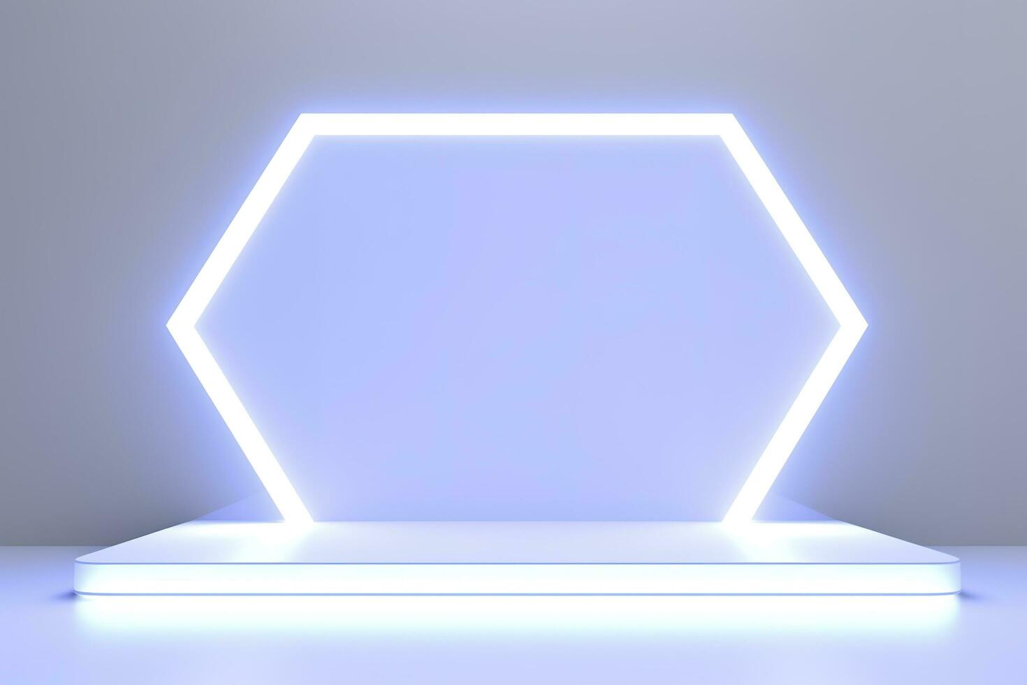 Realistic podium display with neon white lights, Product display background with light frame, White prodium product display with light effect, neon lights background, generate ai photo