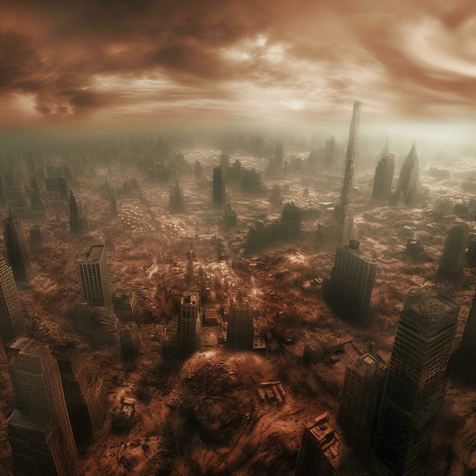 Post apocalypse. Nuclear apocalypse survivor. Ruined Cityscape. Concept. Banner size. Header, A nuclear explosion in the center of the metropolis. The beginning of apocalyptic, generate ai photo