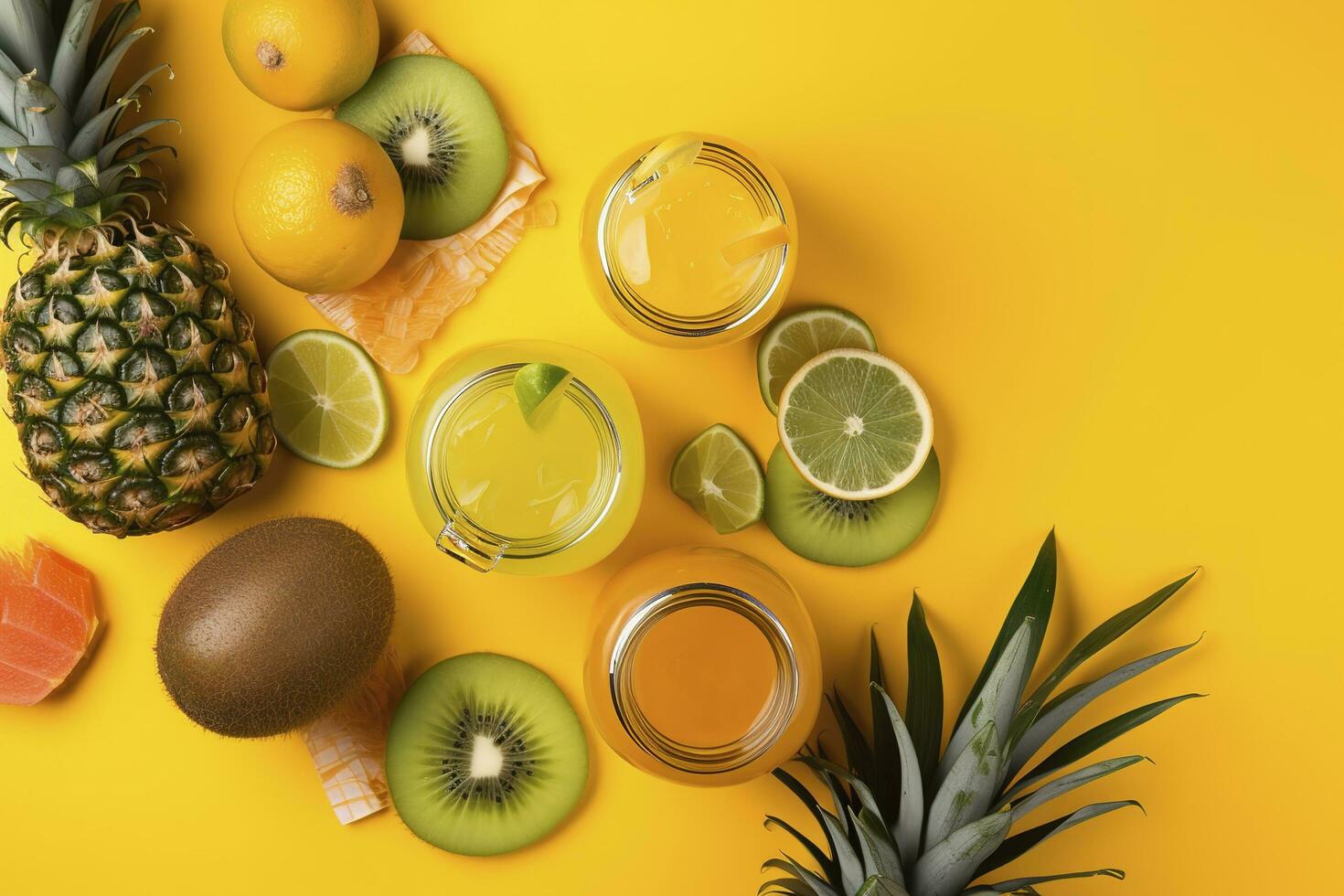 Add a pop of color to your summer marketing with this vibrant top view flat lay photo of citrus juice cocktails in glass jars, ananas, orange, kiwi set against a trendy yellow background, generate ai