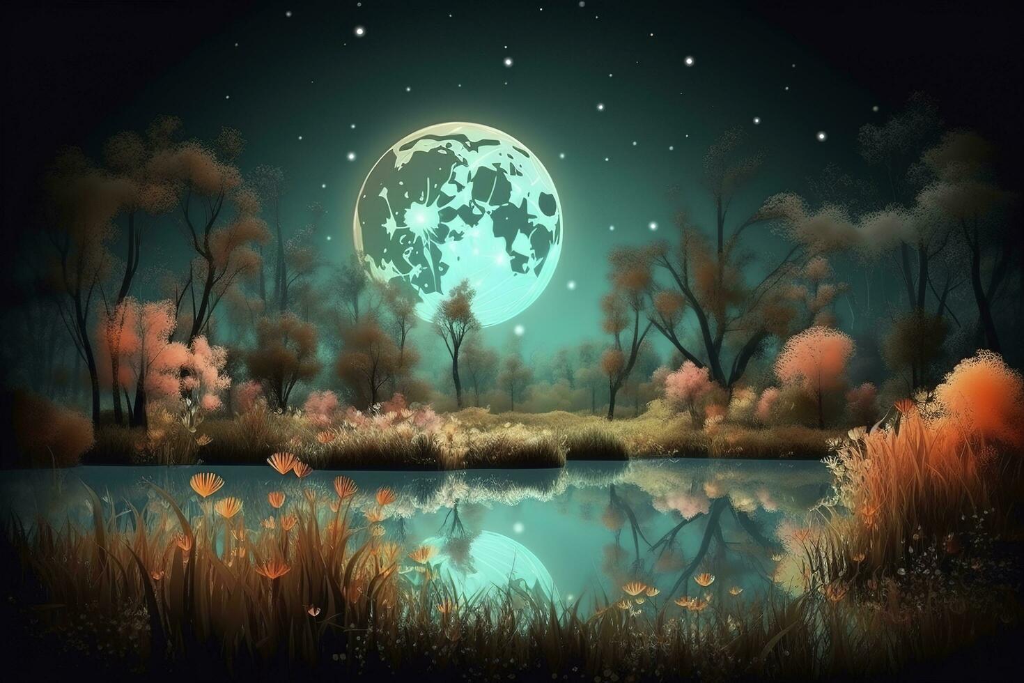 noche paisaje ambiente cosecha Luna terminado un reluciente lago lozano vegetación Madera de Abedul árboles, flores, mágico galaxia. 3d dibujo digital arte, generar ai foto