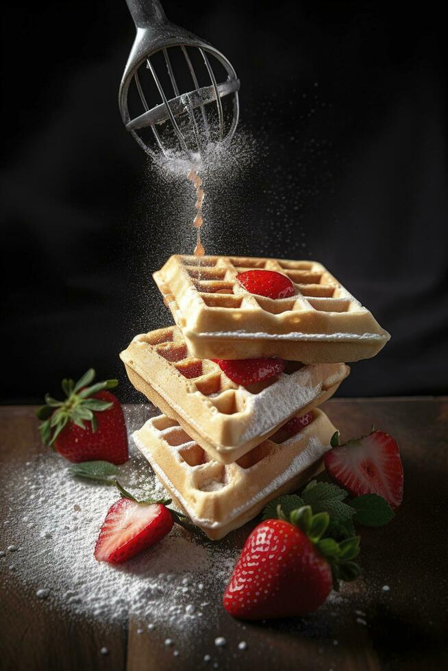 Waffles with strawberries sprinkled with sugar powder, generate ai photo