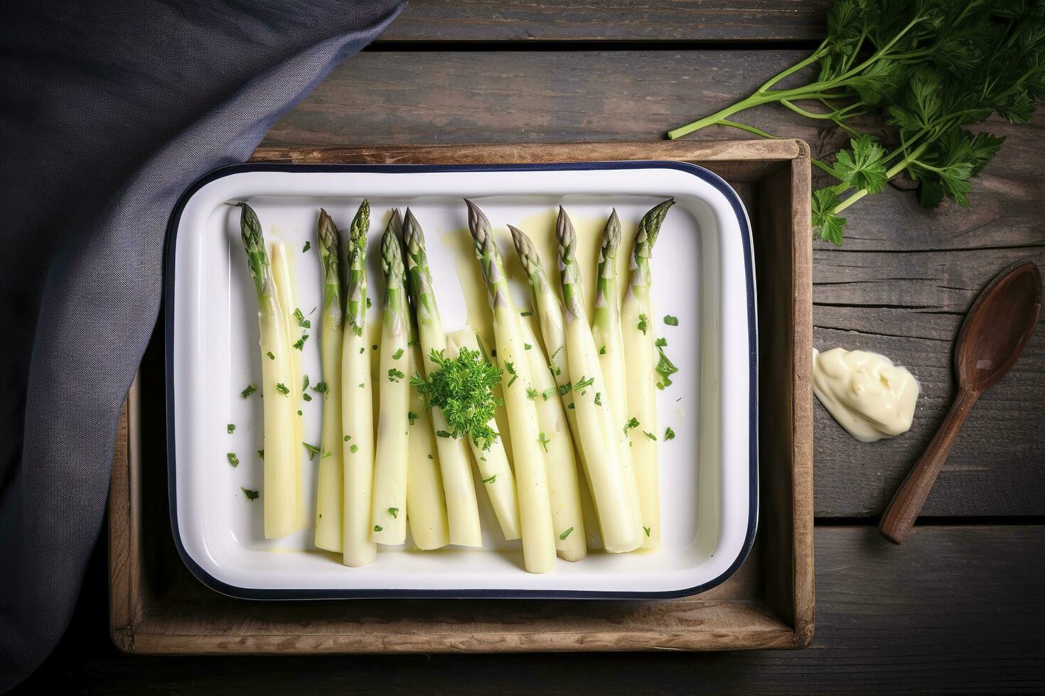 Traditional steamed white asparagus with hollandaise sauce and herbs as a top view in an enamel tray on an old wood table with copy space on the right, generate ai photo