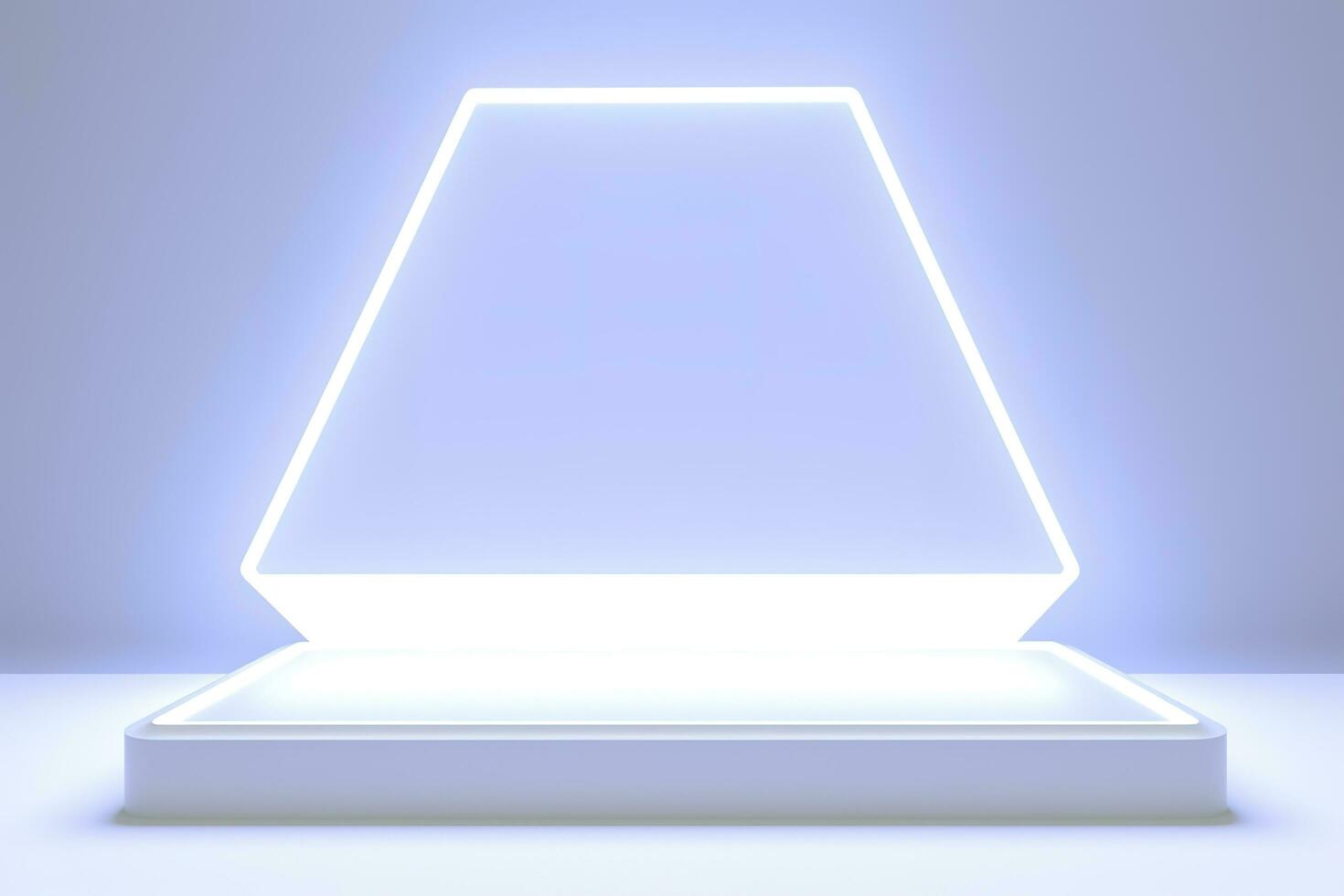 Realistic podium display with neon white lights, Product display background with light frame, White prodium product display with light effect, neon lights background, generate ai photo