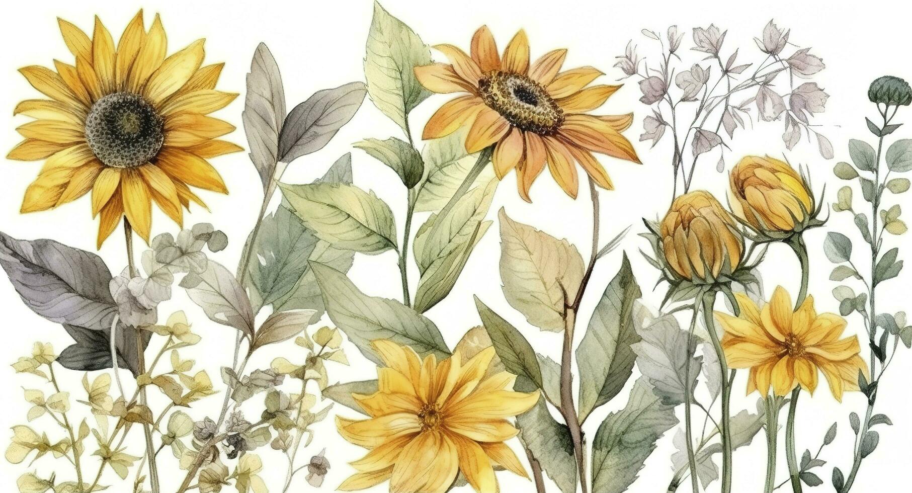 Spring floral art background vector. Botanical watercolor hand drawn sunflowers, leaves, plants. Blossom design illustration for wallpaper, banner, print, poster, generate ai photo