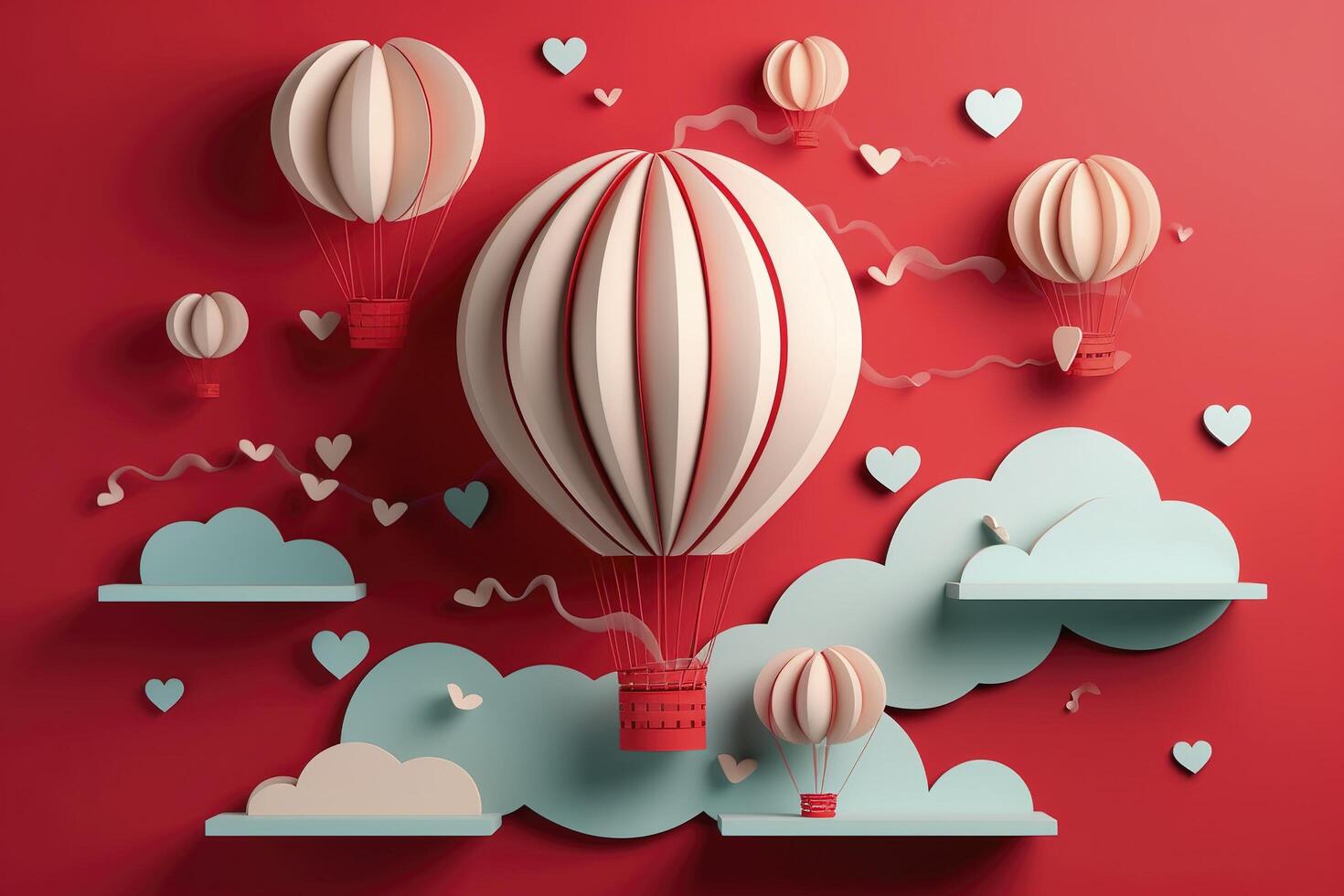 Paper cut style, valentine day with heart balloon and love, photo