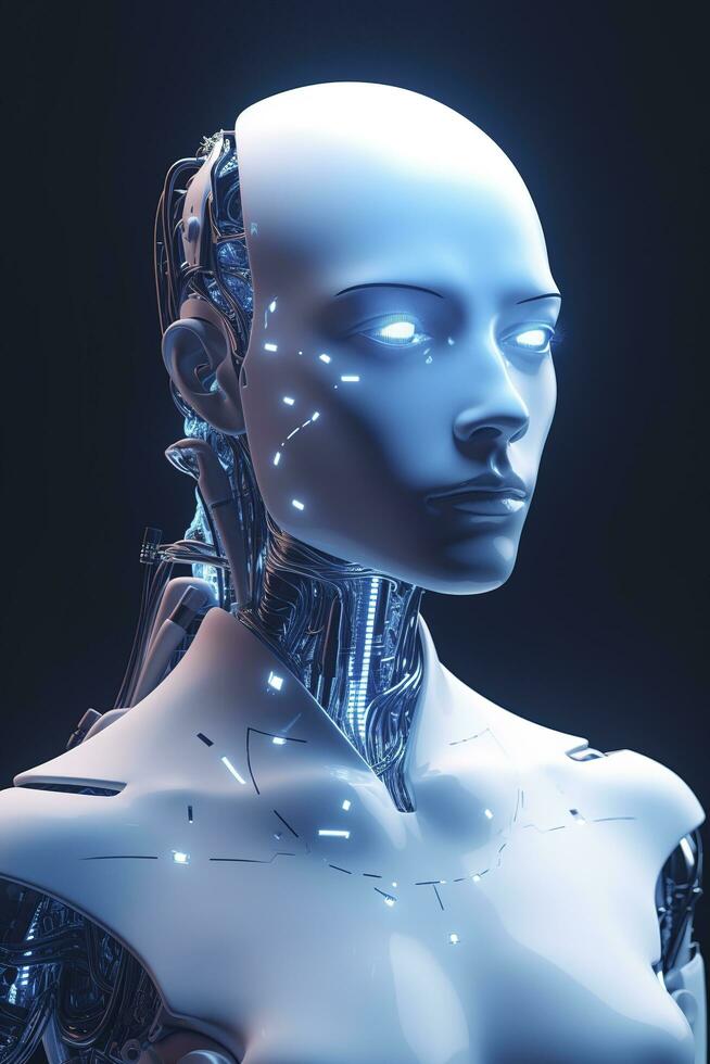chat, un pensando robot, un humanoide robot caras de cerca futurista moderno tecnología chatbot asistencia auto conversación, futuro digital tecnología ai artificial inteligencia concepto, generar ai foto