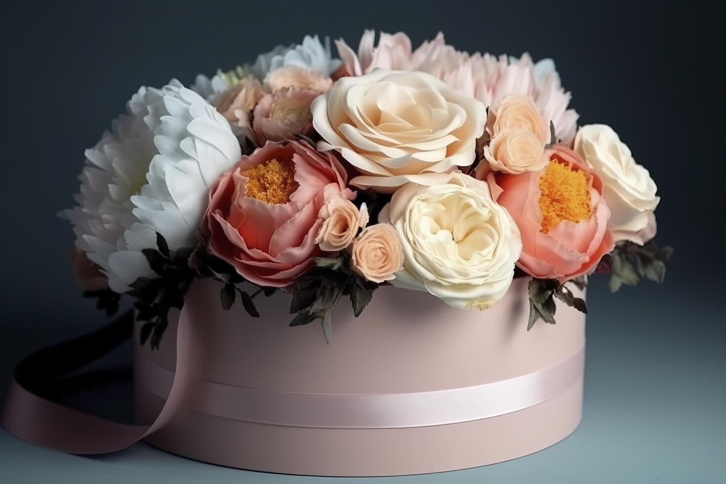 Flowers in round luxury present box. Bouquet of peonies and roses in paper box. Mock-up of hat box of flowers. Interior decoration in in pastel colors. image photo